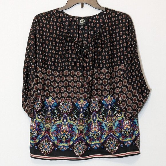 Women's BOBEAU Black Paisley Print, Chiffon Peasant Top, Tunic; Size PXL - Picture 1 of 5